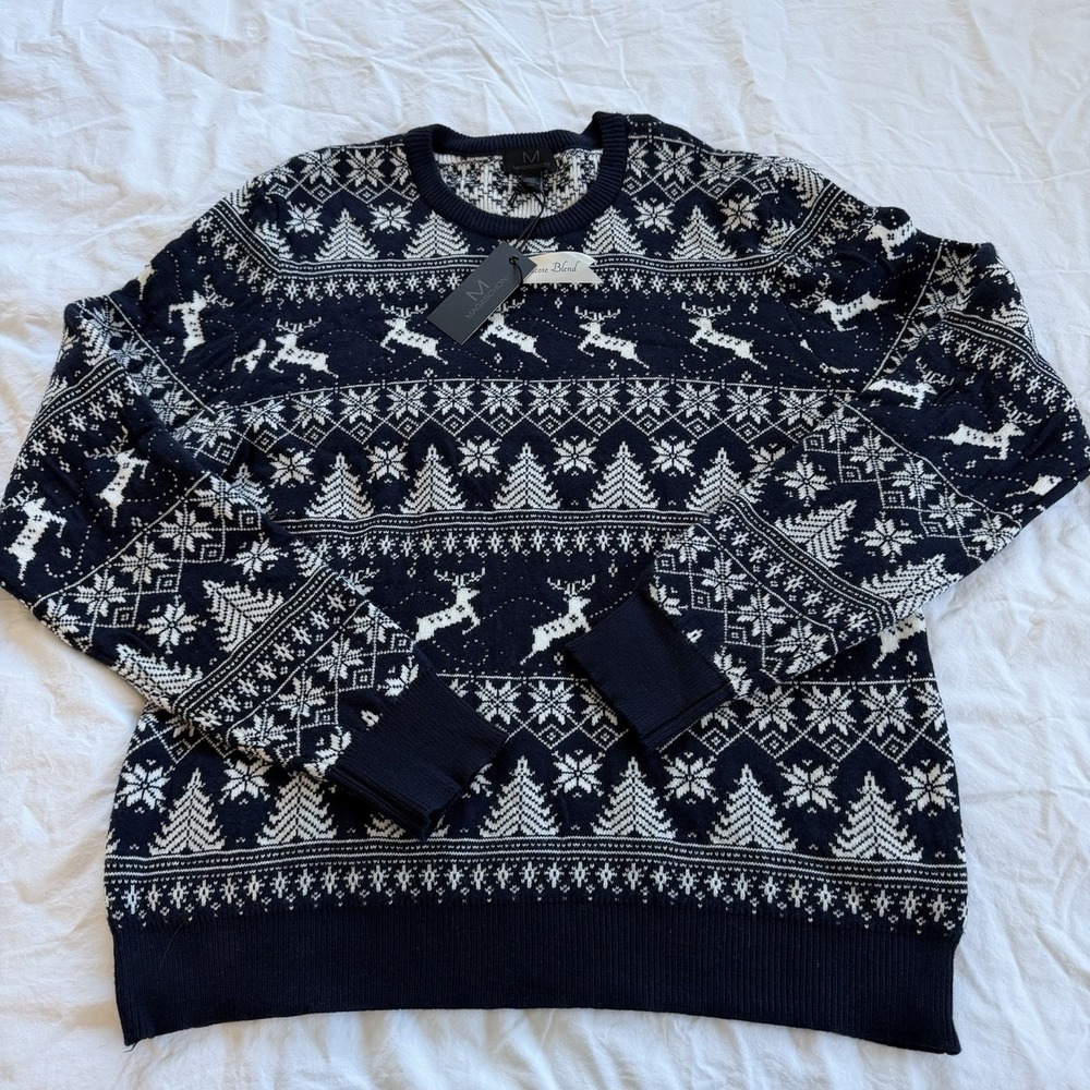 Magaschoni Mens Large Navy Fair Isle Holiday Sweater Reindeer Crewneck NWT‎